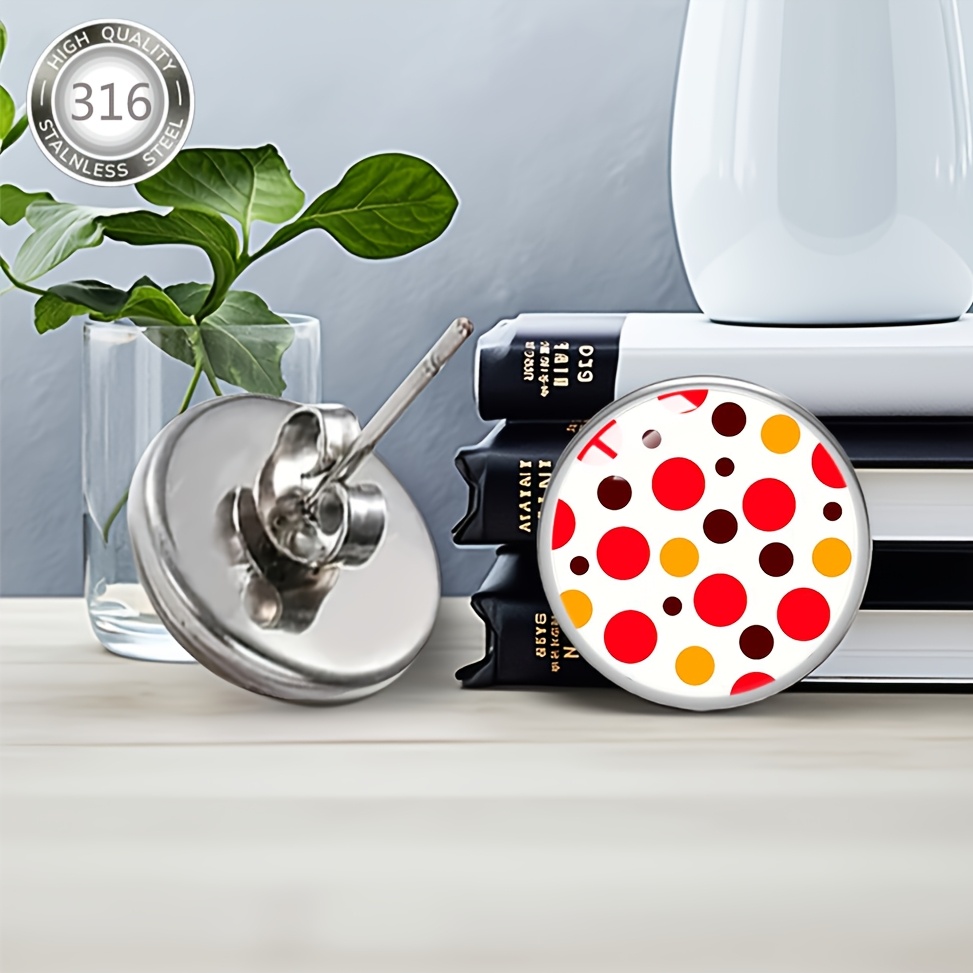 Red Polka Dot Pattern Design Earrings, Stainless Steel